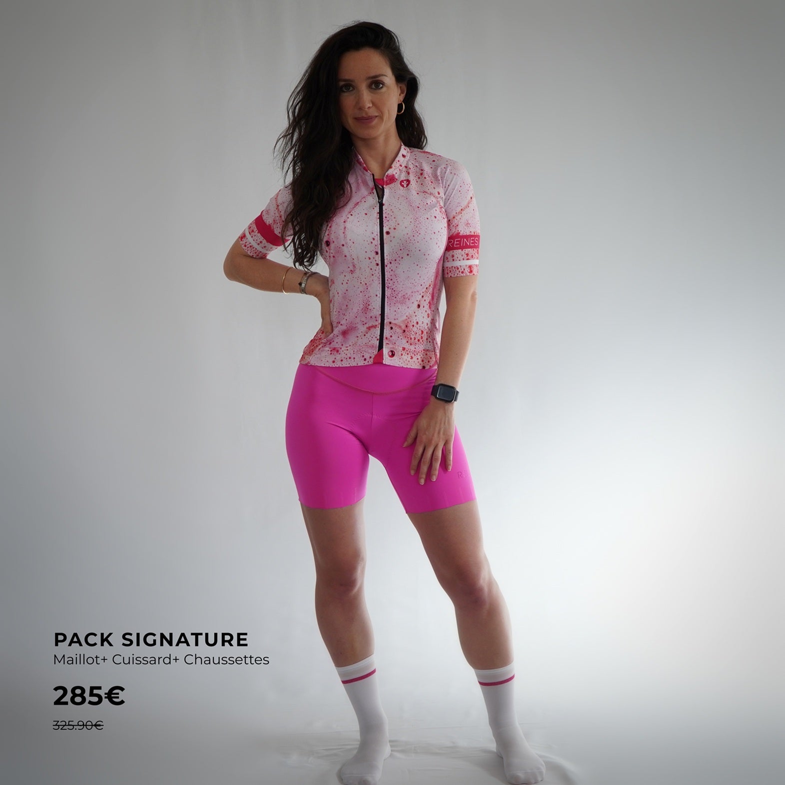 Pack tenue vélo femme rose Bubble – Maillot, cuissard et chaussettes Made in France