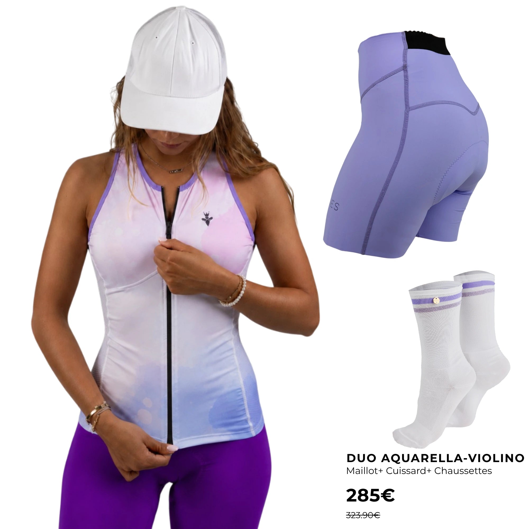 Tenue cycliste femme Aquarella Violino – Débardeur, cuissard &amp; chaussettes